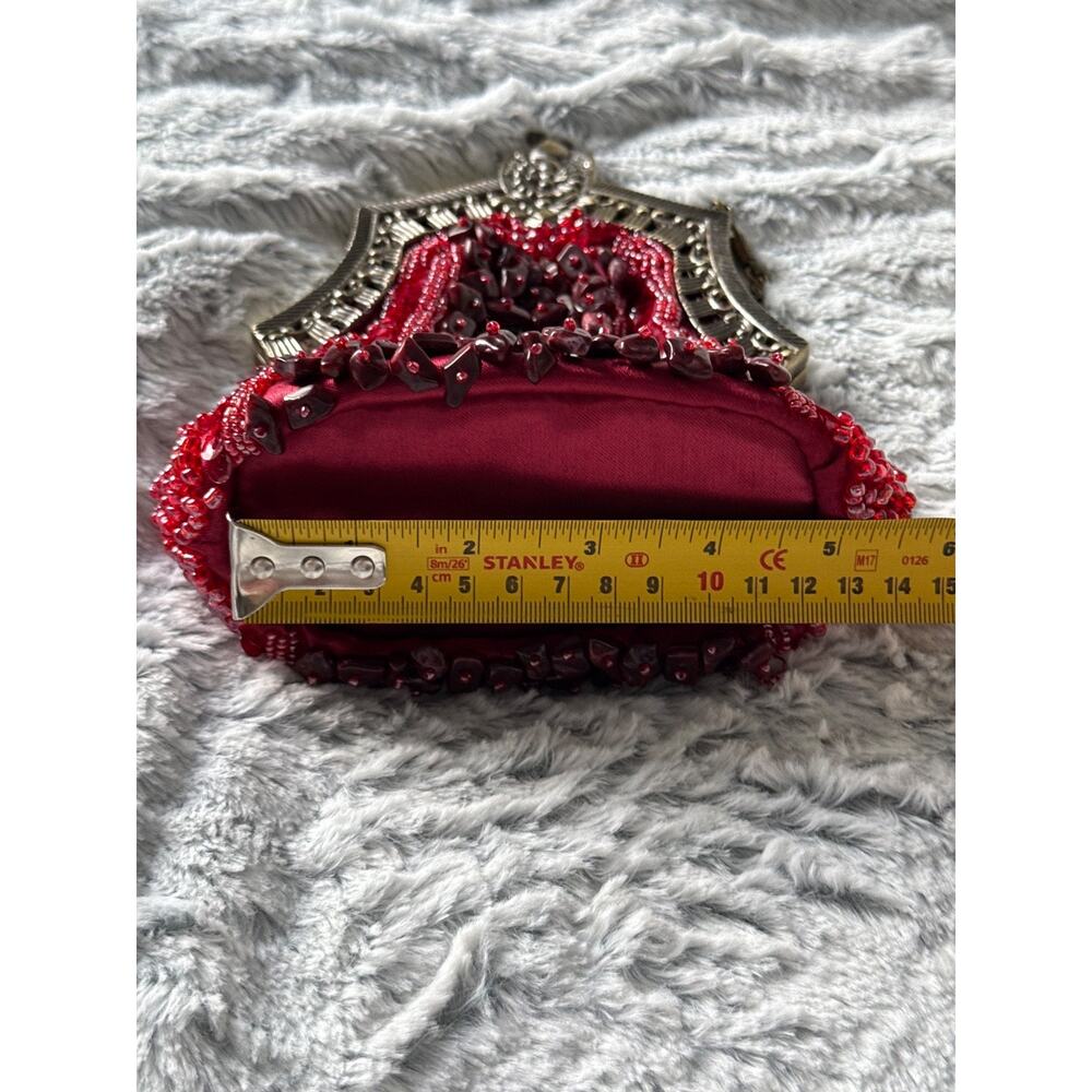 Vintage Style Burgundy Beaded Evening Bag Bronze Frame Chain Strap Cabochon - Picture 8 of 8